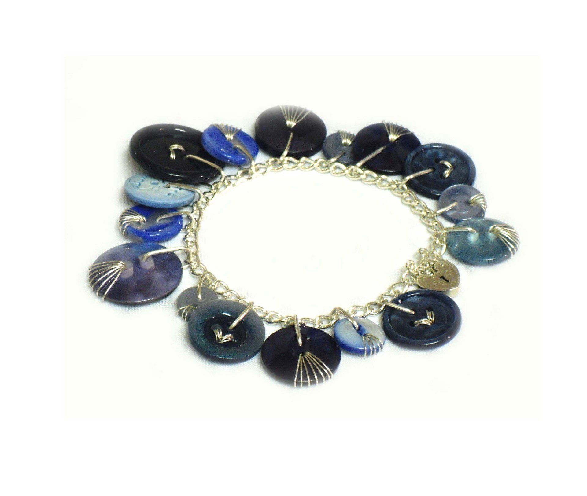 Blue button sterling silver charm bracelet with heart padlock.