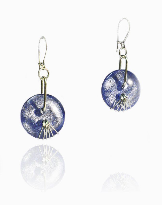 Blue button sterling silver drop earrings.