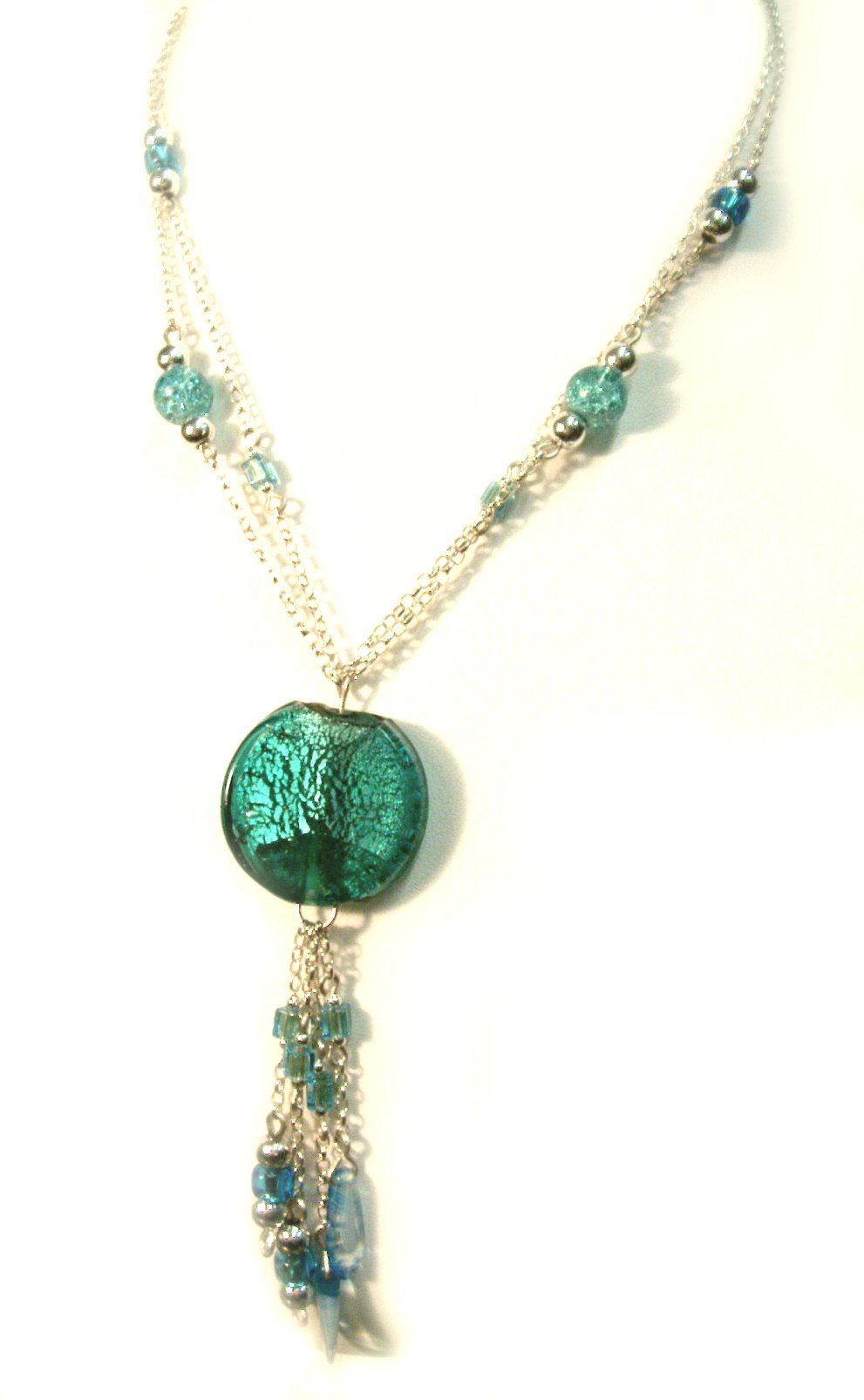 Multi Strand Beaded Silver Necklace with turquoise blue bead