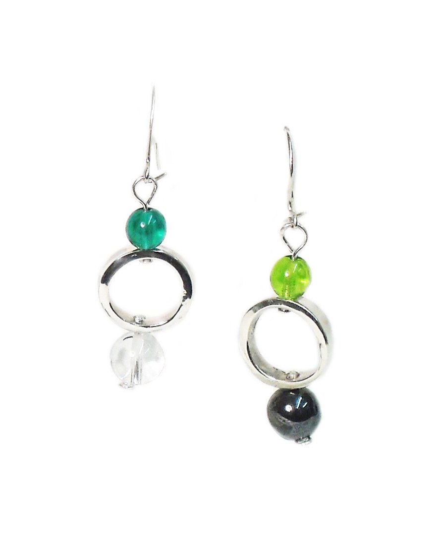 Sterling silver circle design drop earrings with green, clear & hematite beads.