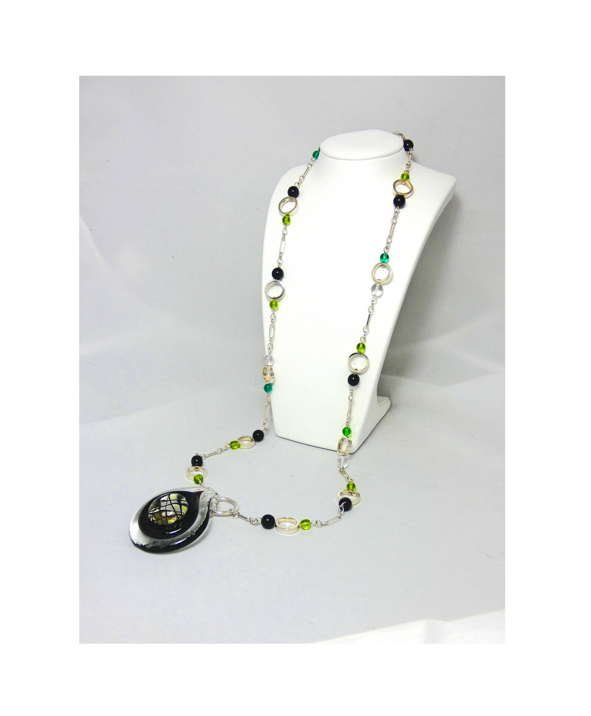 Round Glass Pendant with Long Silver & Beaded Chain