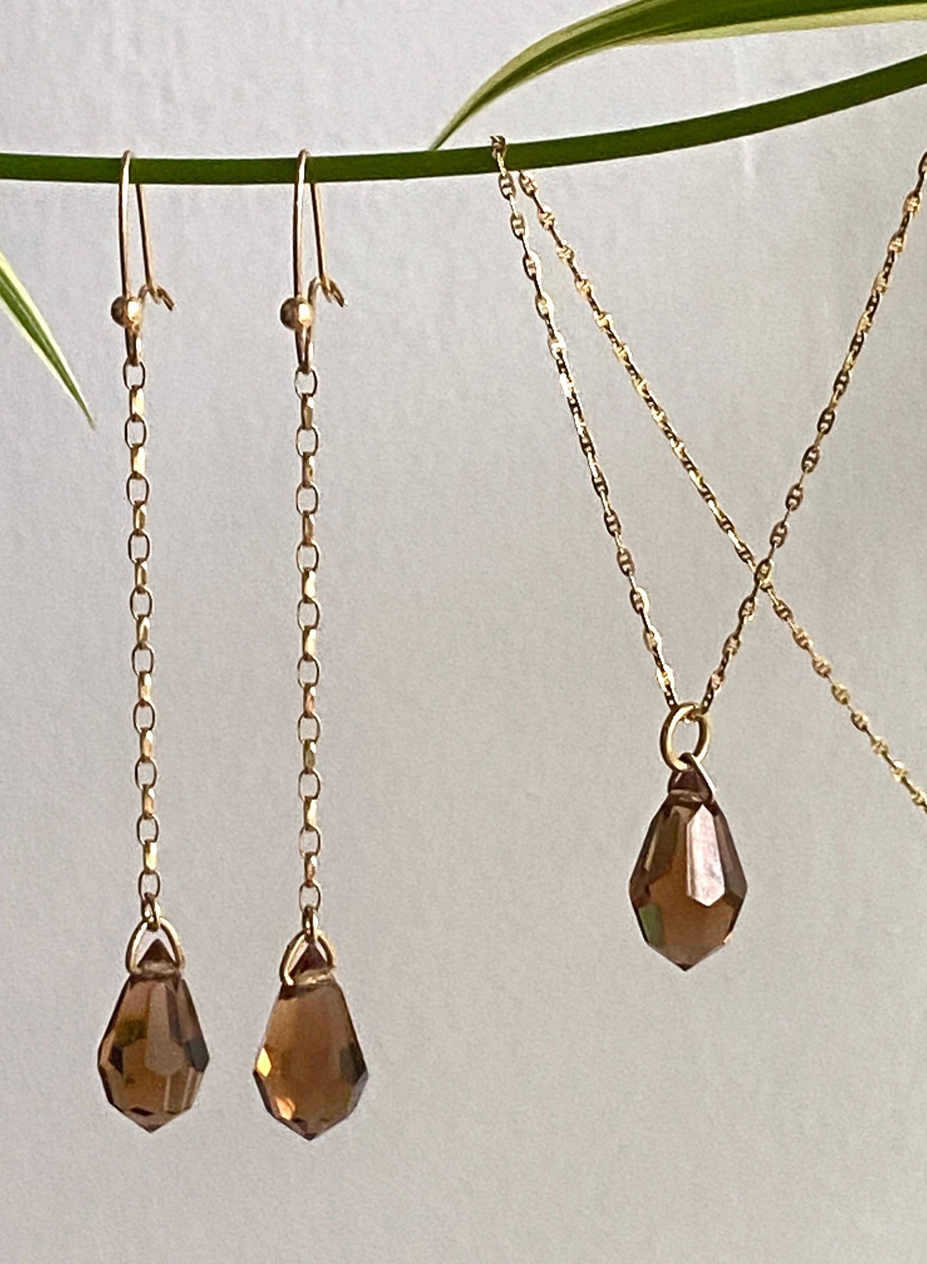Smokey Quartz Briolette Drop Earrings & Pendant
