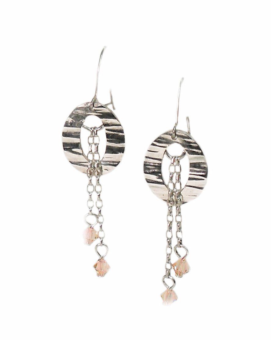 Hammered effect sterling silver drop earrings with 'silk' swarovski crystal beads.