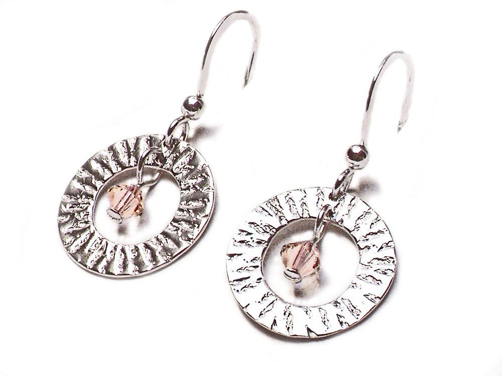 Sterling silver textured open circle drop earrings with 'silk' swarovski crystal bead.