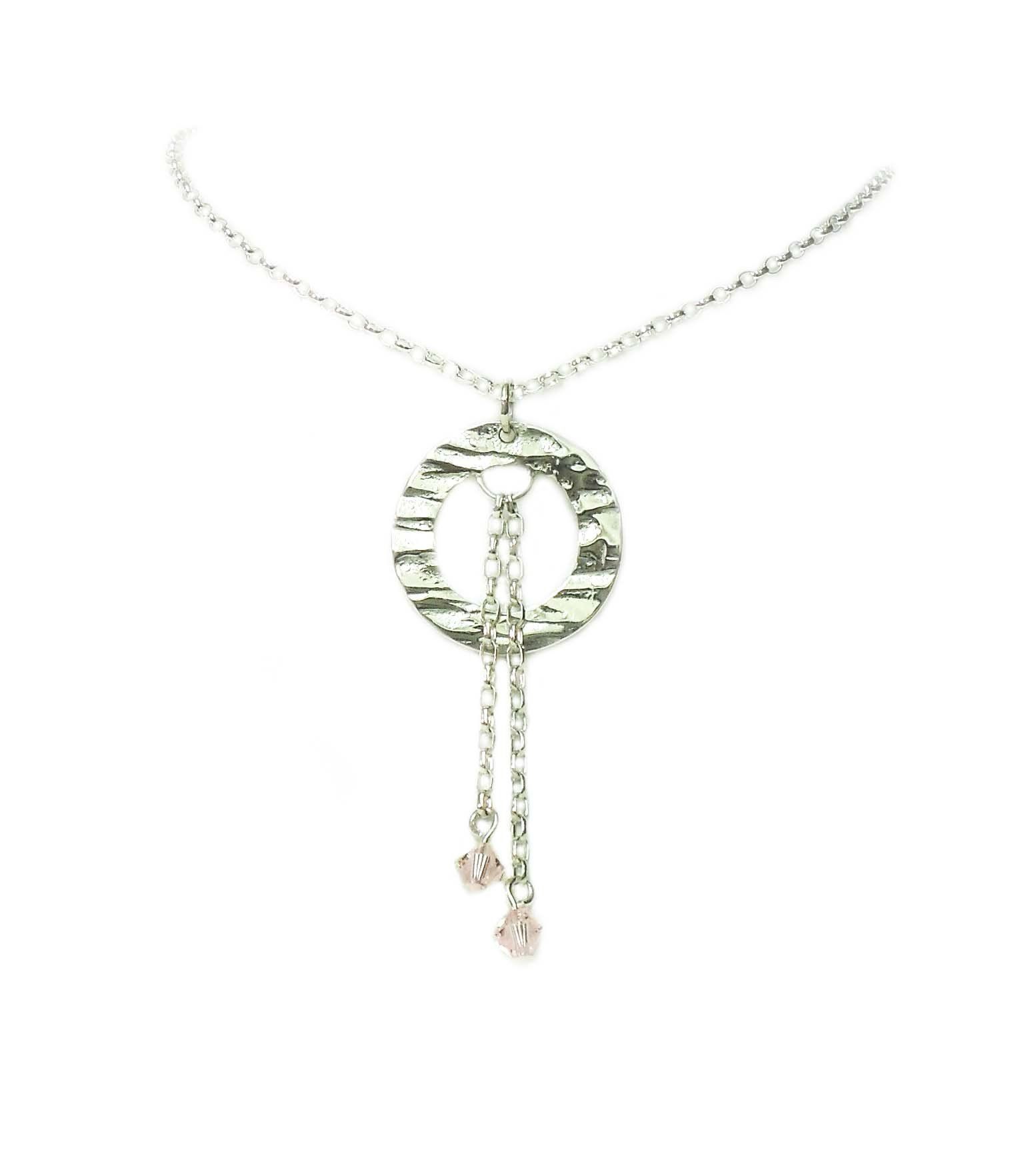Long drop hammered effect sterling silver pendant with 'silk' swarovski crystal beads