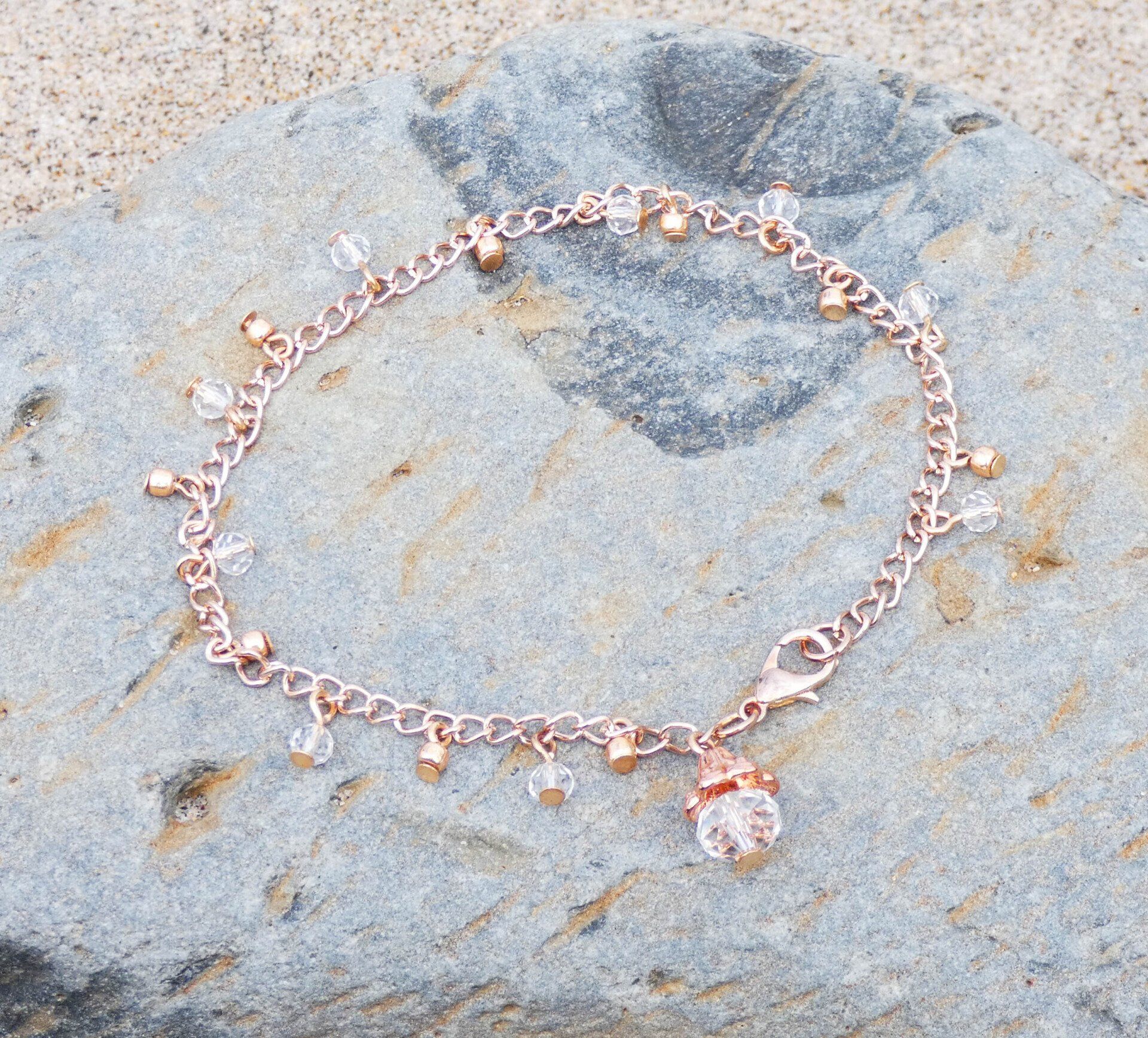 Sterling Silver Rose Plated Anklet With Hanging Pearls