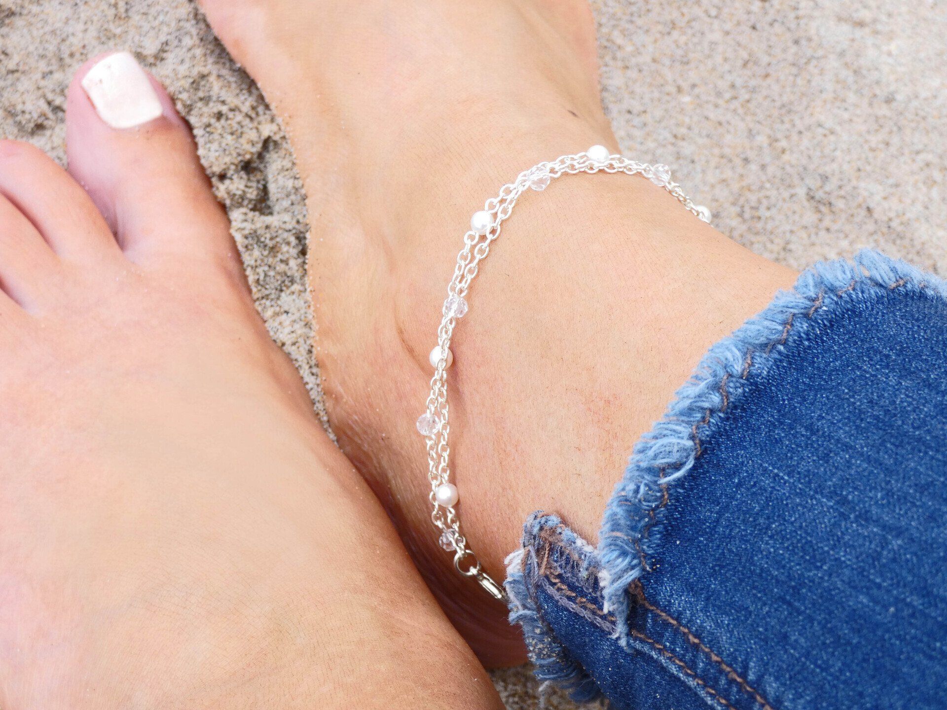 Silver Double Strand Pearl & Crystal Anklet