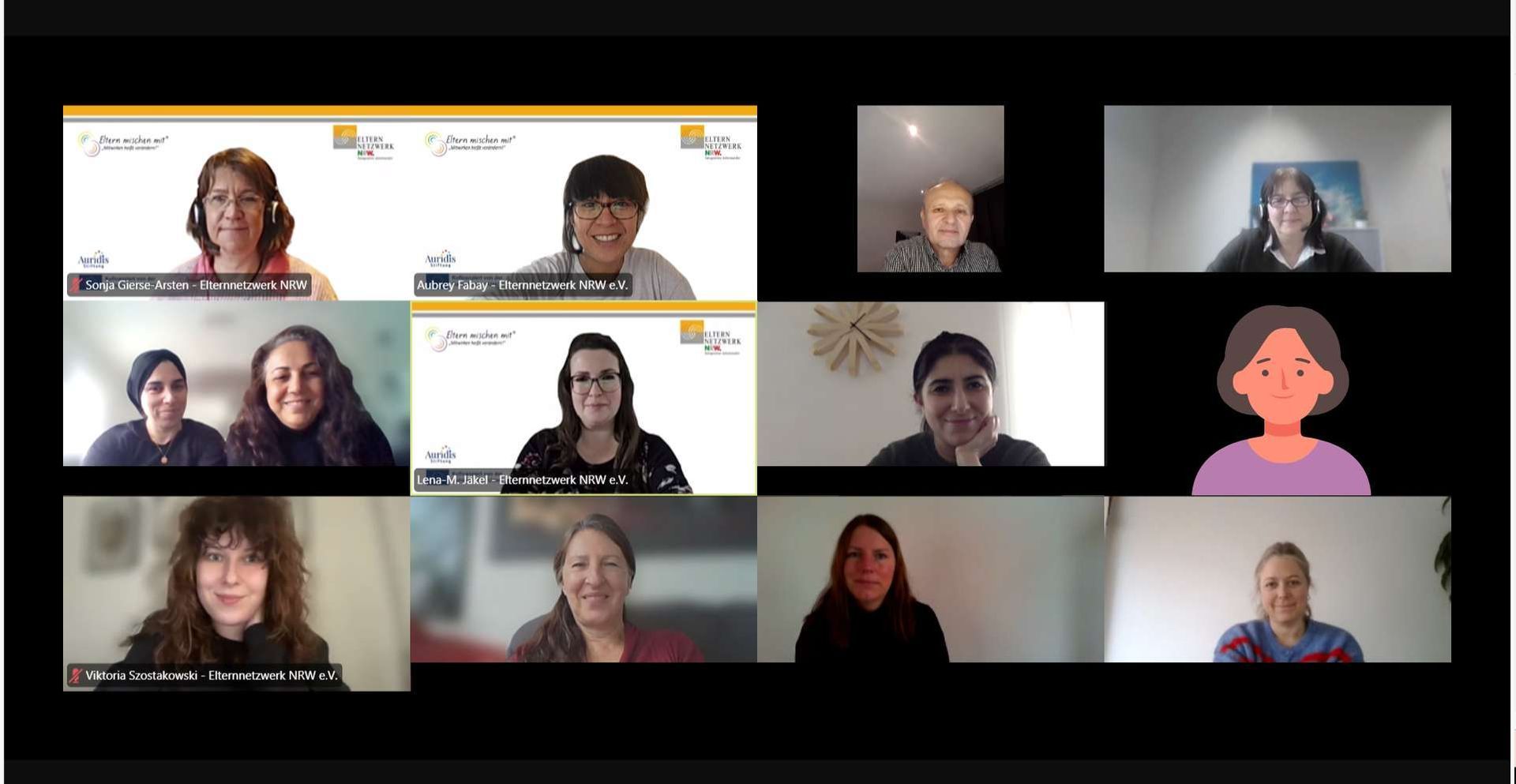Screenshot der Online-Veranstaltung Modul 3 mit mehreren Teilnehmenden in Videokacheln.