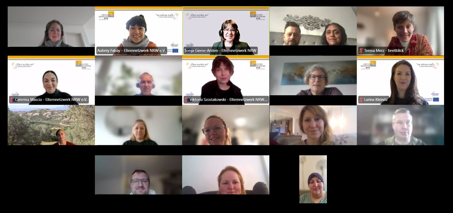 Kachelansicht der Teilnehmenden.Online-Workshops mit mehreren Teilnehmenden in einer Videokonferenz.