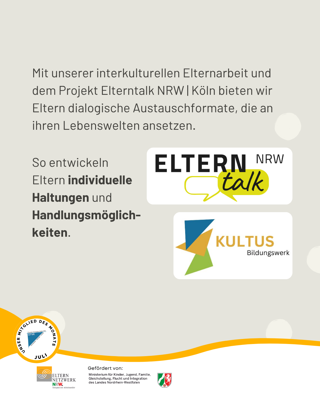 Mit dem Projekt Elterntalk NRW bietet das DTVK Eltern dialogische Austauschformate an (Textfolie)