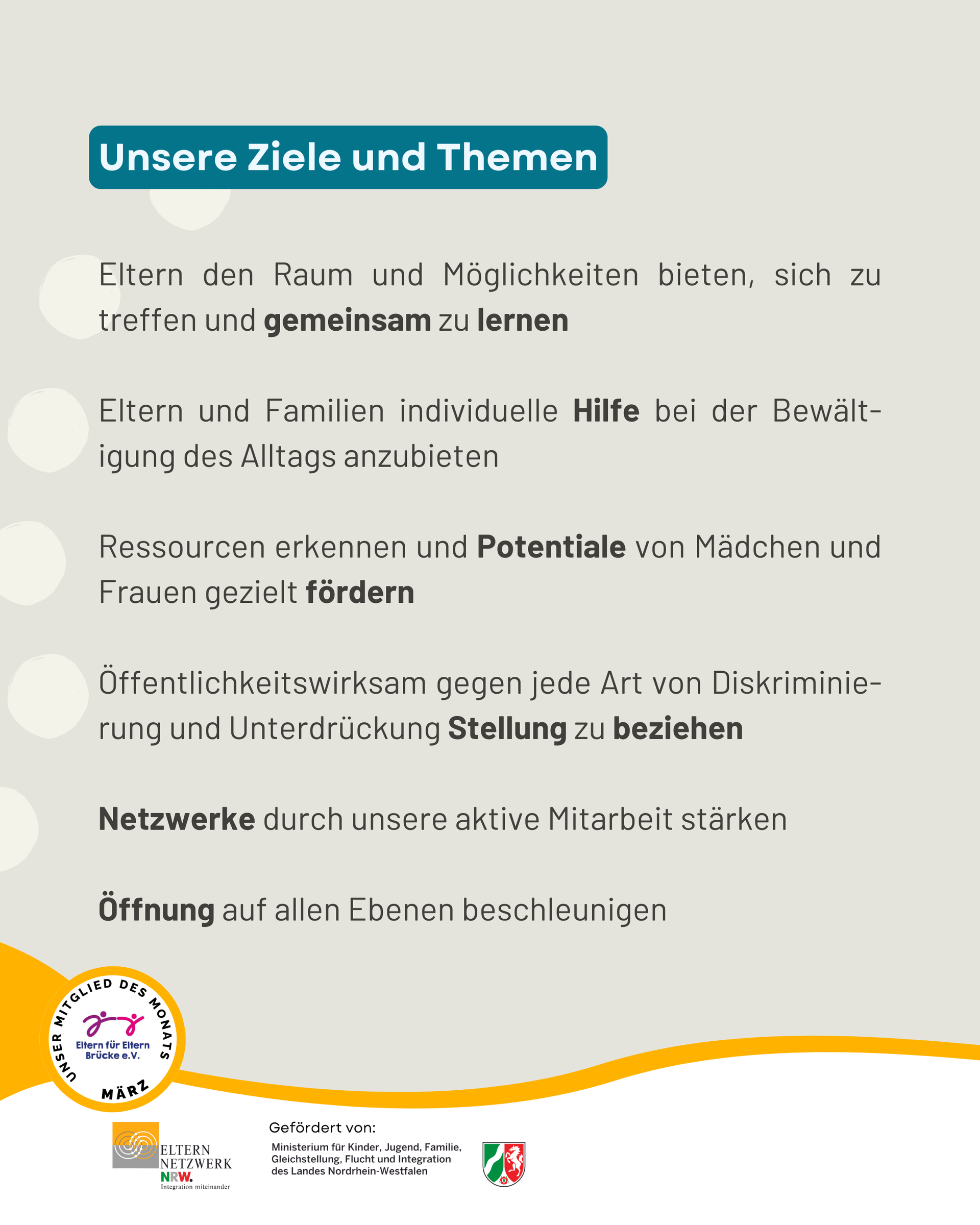 Nennt die Ziele und Themen des Vereins Eltern für Eltern Brücke e.V. - lernen, individuelle Hilfe für Eltern und Familien etc.
