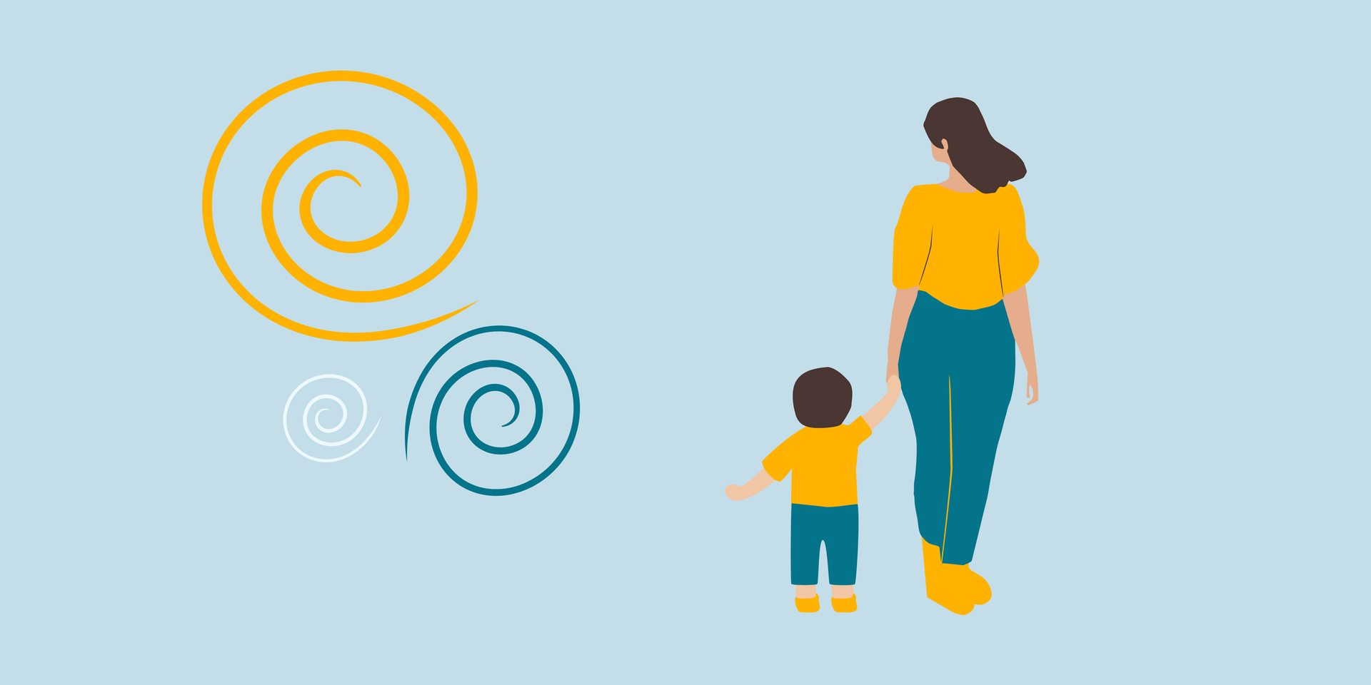 Illustration: Mutter geht Hand in Hand mit Kind; farbige Spiralen symbolisieren Gedanken, Bewegung.
