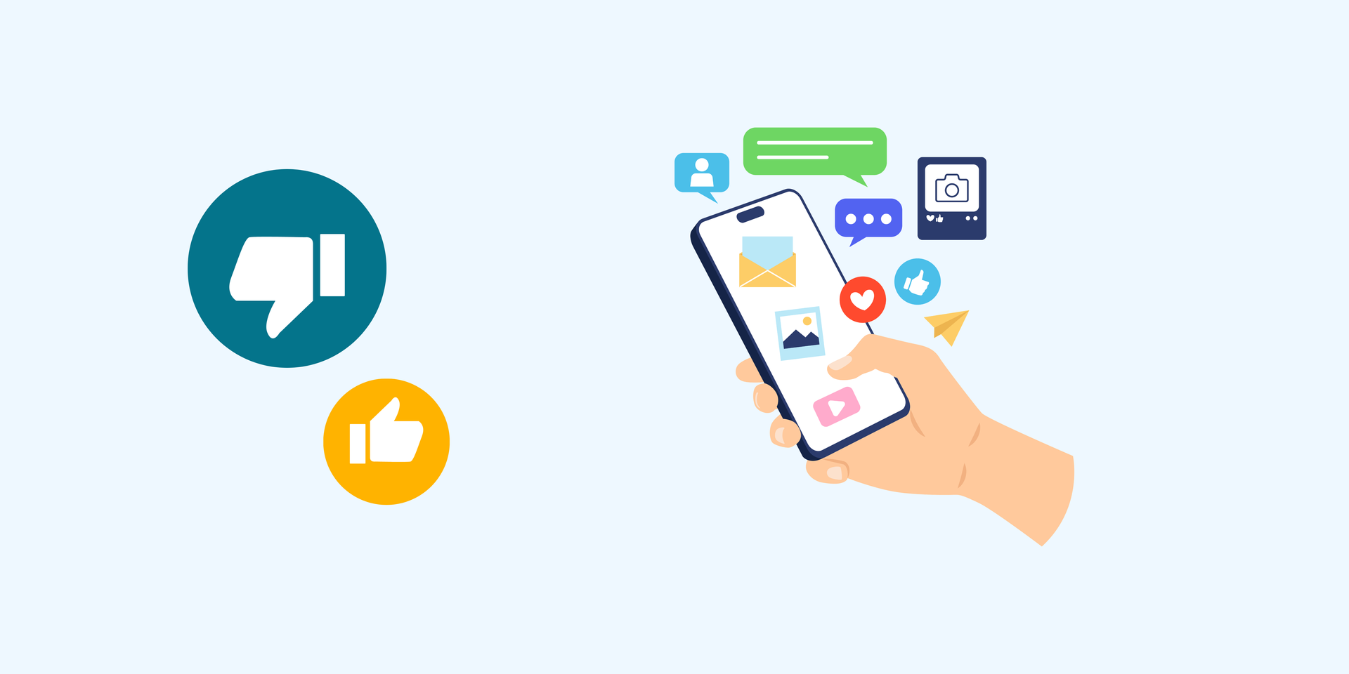 Illustration zu Social Media: Hand mit Smartphone, Chats und Likes, daneben Daumen hoch und runter.