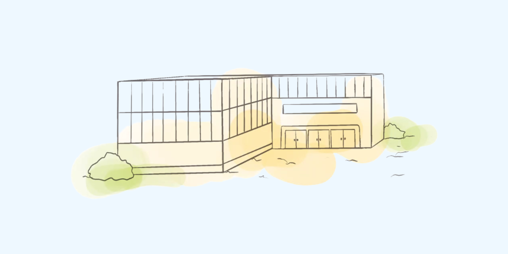 Illustration eines modernen Schulgebäudes mit Grünfläche als Symbol für die weiterführende Schule.