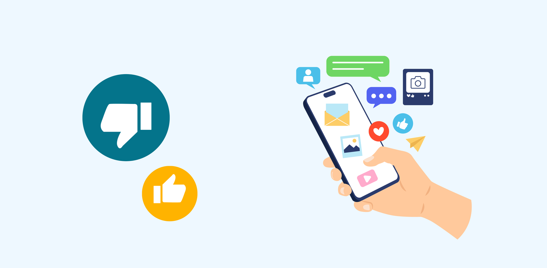 Illustration zu Social Media: Hand mit Smartphone, Chats und Likes, daneben Daumen hoch und runter.