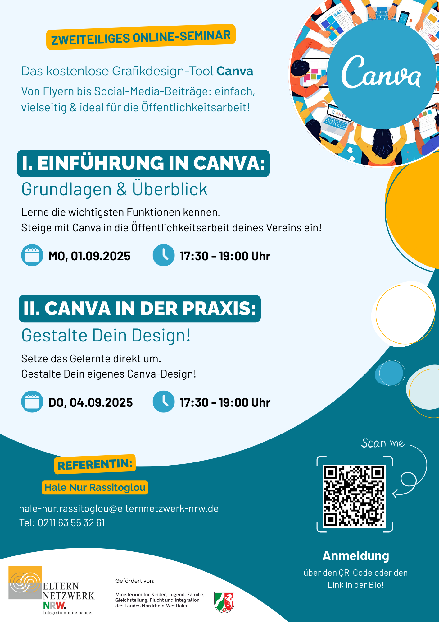 Flyer zur Einladung zum Canva Online Seminar des Elternnetzwerk NRW am 1.9.2025