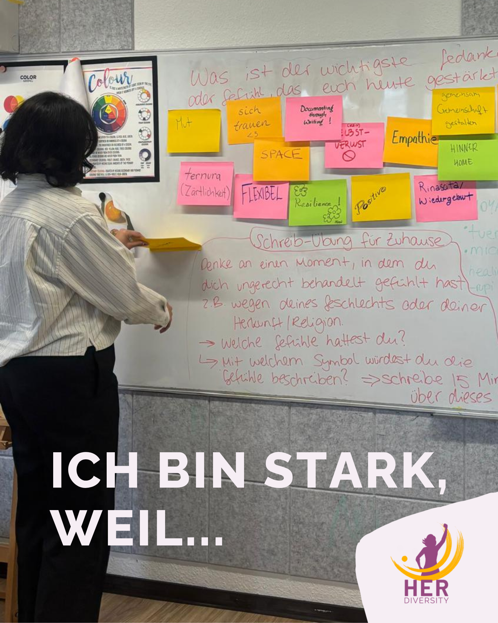 Frau an einem Whiteboard mit