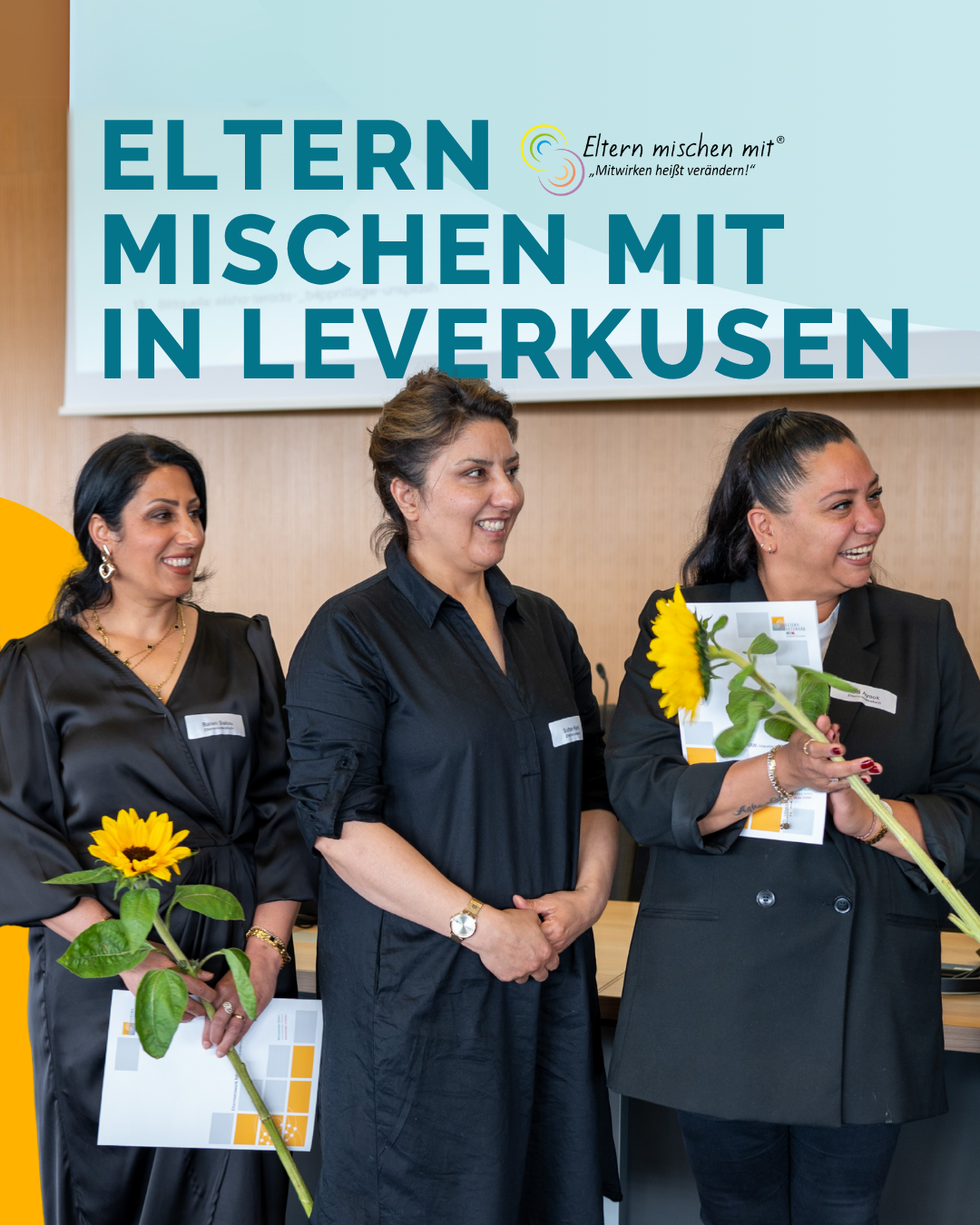 Drei Elternmoderatorinnen bie der Zertifikatsverleihung von Eltern mischen mit in Leverkusen. Link führt zum Instagram-Beitrag.