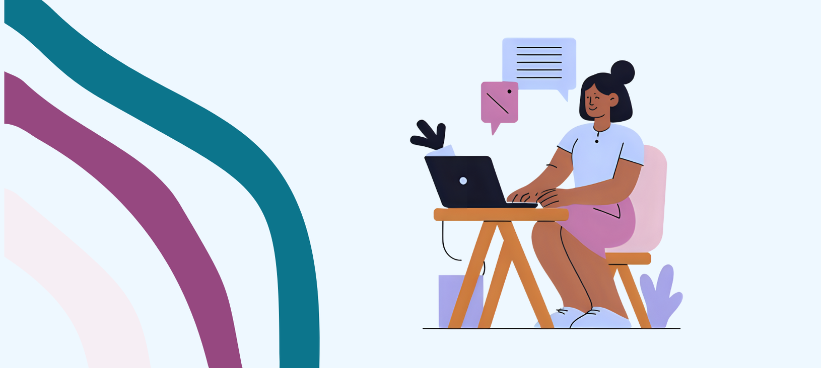 Drei bunte, geschwungene Linien sowie eine Grafik einer Frau an einem Tisch mit einem Laptop.