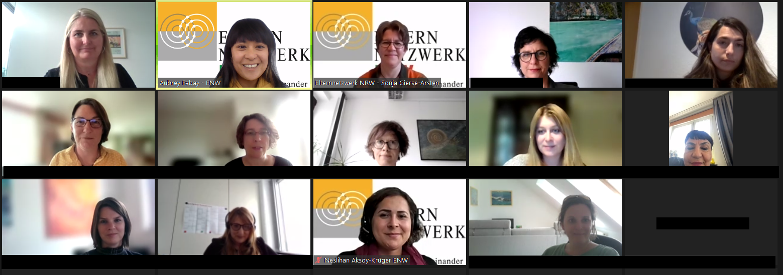 N. Aksoy-Krüger, Aubrey Fabay und Sonja Gierse-Arsten aus dem Elternnetzwerk und Team Eltern Mischen mit, auf Zoom-Screenshot