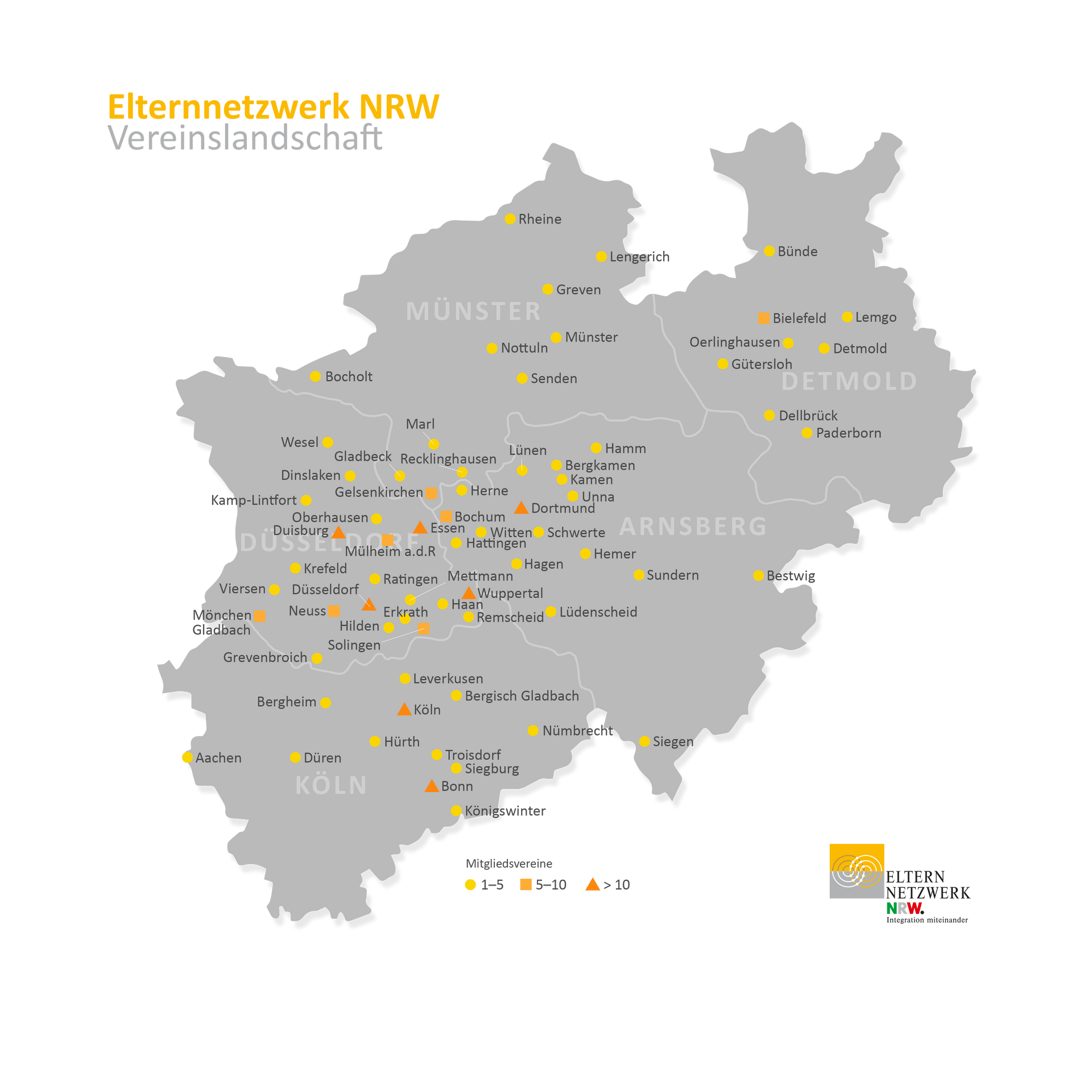 Die NRW-Karte zeigt die Mitgliedervereine des Elternnetzwerks NRW, also die Vereinslandschaft