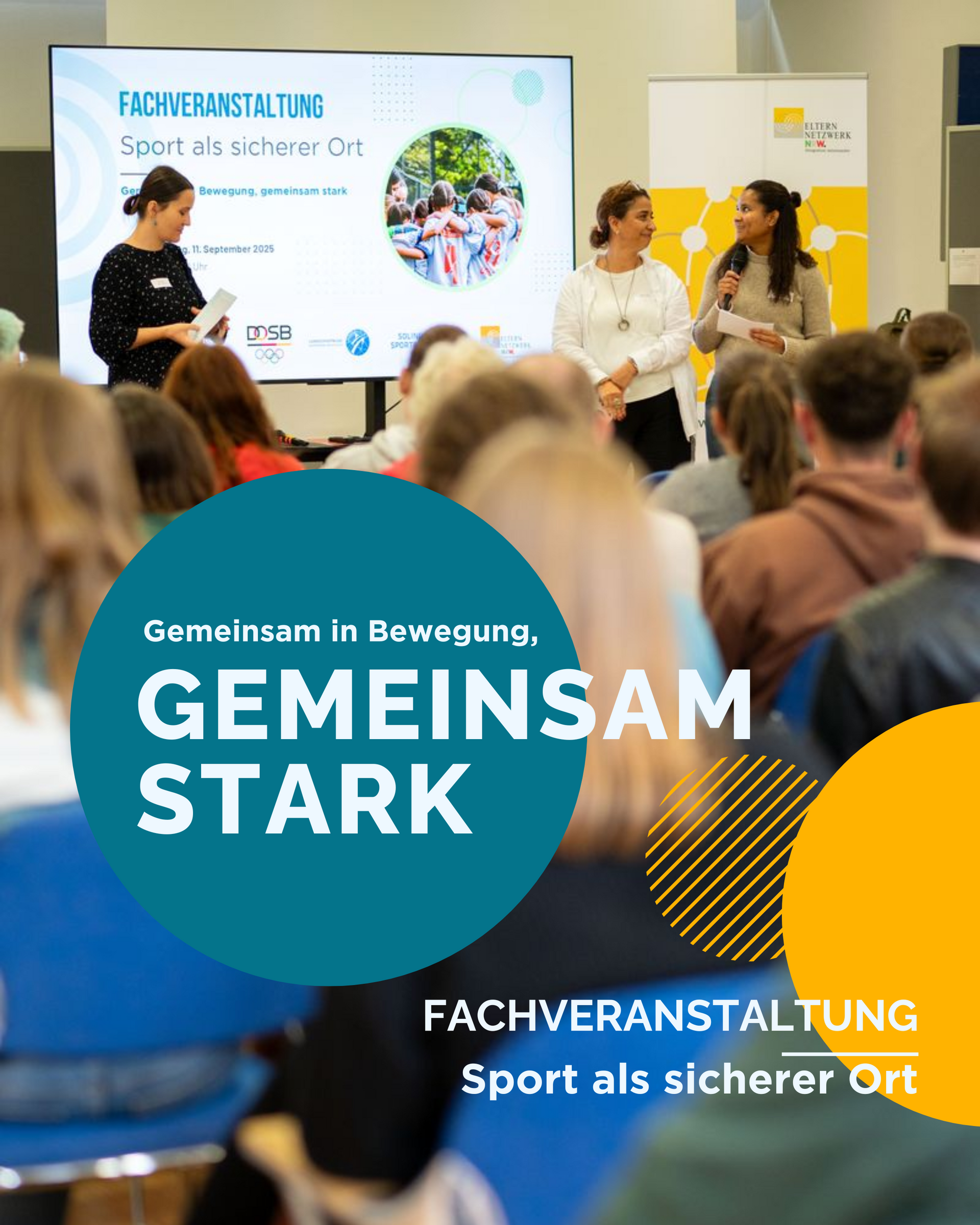 Blick vom Publikum aufs Podium bei der Fachveranstaltung zum Sport. Link führt zum Instagram-Beitrag.