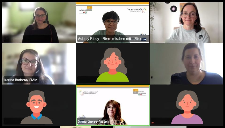 Online-Veranstaltung Modul 1 „Eltern mischen mit“ mit Teilnehmenden in der Videokonferenz.