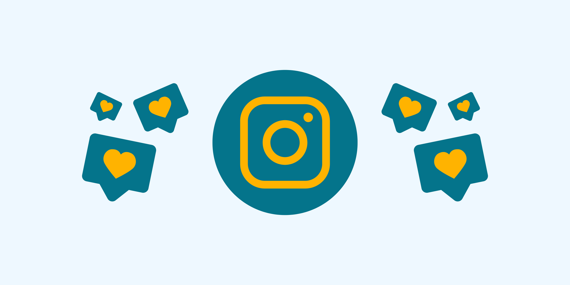 Grafik mit türkisem Instagram-Icon und Sprechblasen mit gelben Herzen auf hellblauem Hintergrund.