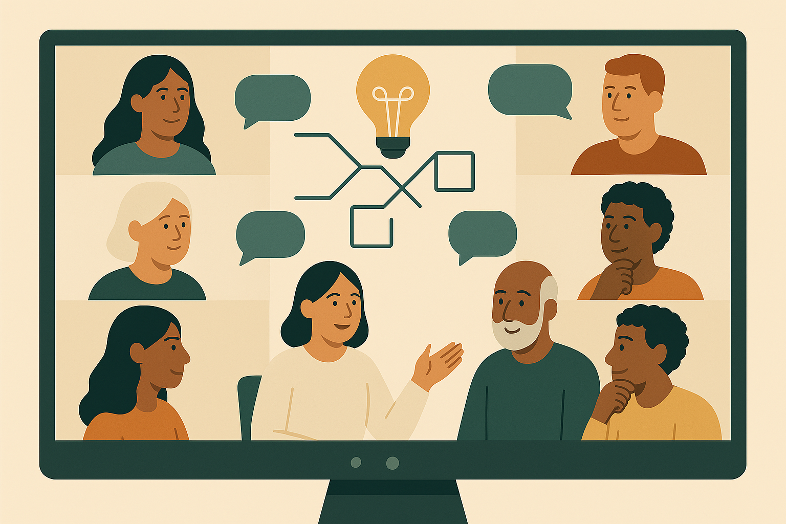 KI-generiertes Bild: Illustration einer Online-Meeting-Situation auf einem Bildschirm.