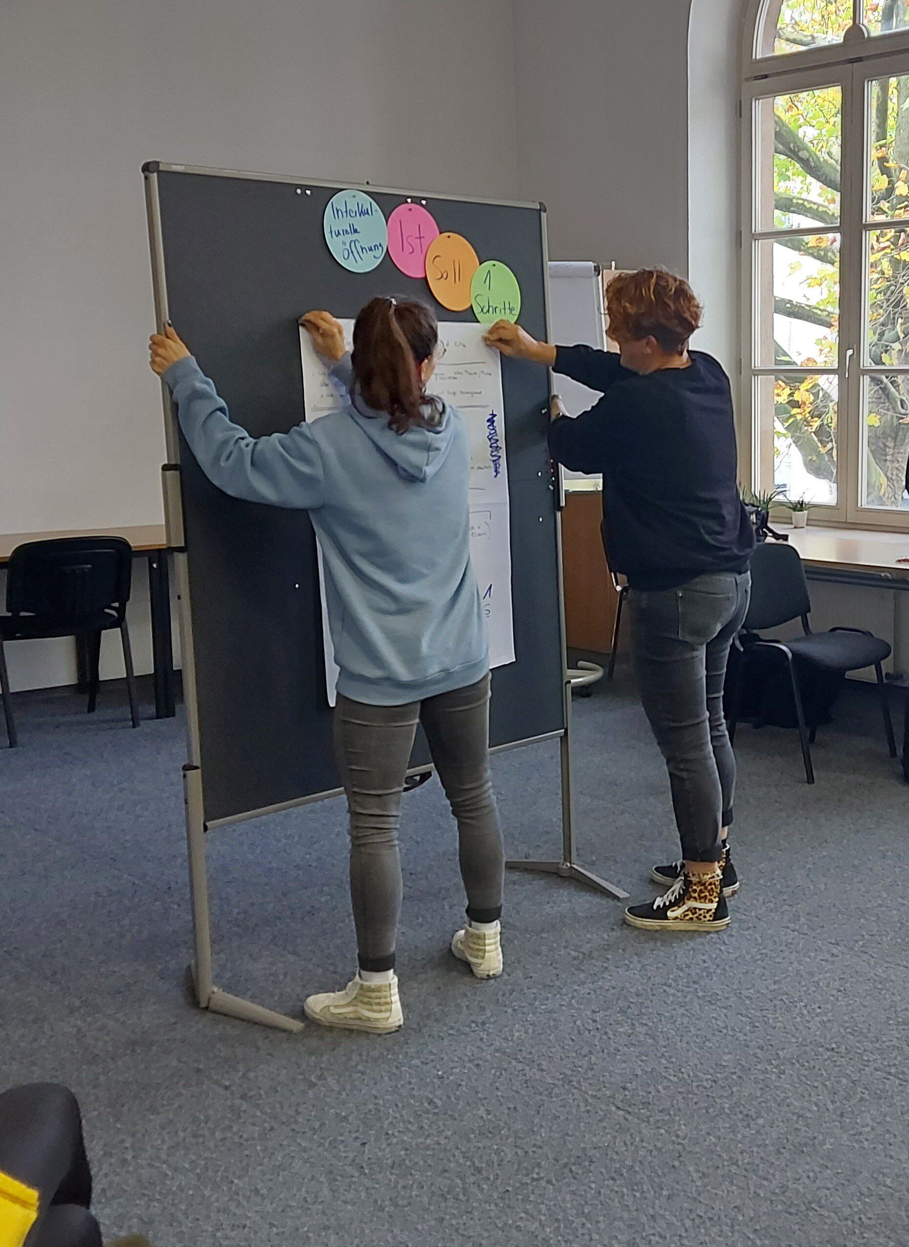 Beim Interkulturellen Training in Solingen pinnen zwei Teilnehmerinnen ihr Flipchart-Blatt an eine FIlzwand