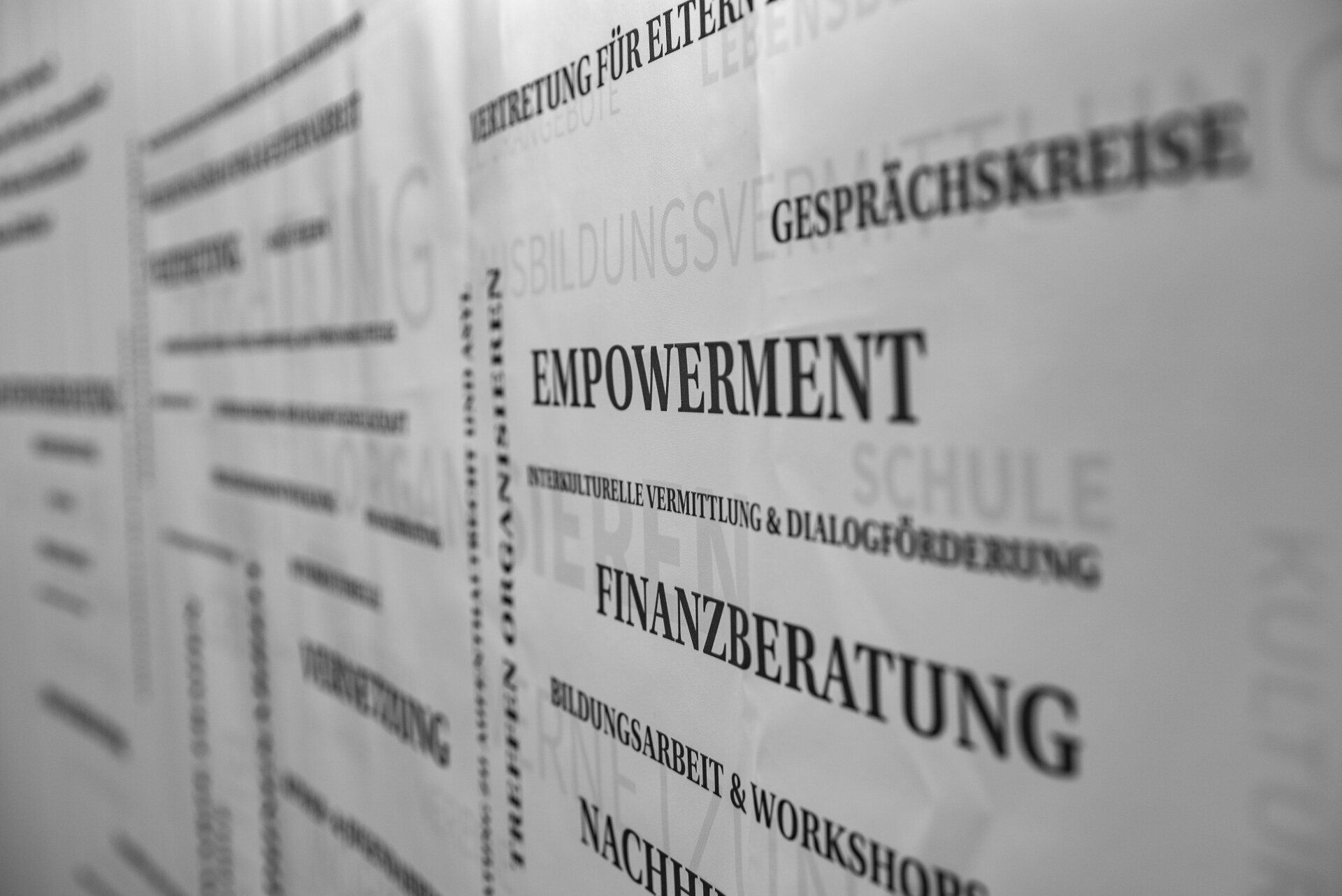 Zu sehen eine Nahaufnahme auf eine Wörterwolke in der Ausstellung Diaspora in Motion - Empowerment, Finanzberatung, Gespräch