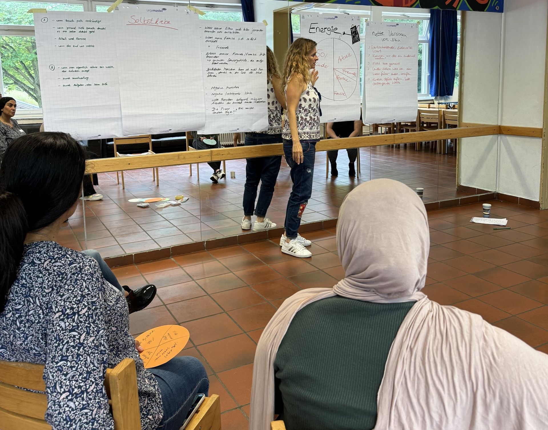 Workshop bei SelF - Selbstbehauptung für Frauen. Ergebnisse werden an der Spiegelwand vorgestellt