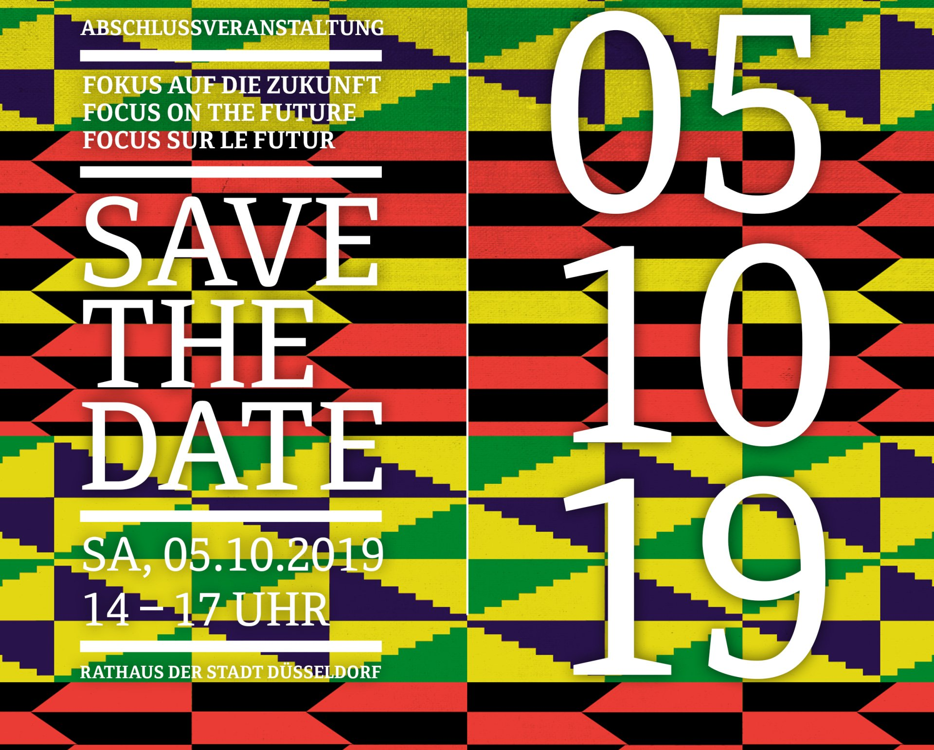 Plakat Save the Date. Im Hintergrund ein afrikanisch anmutendendes Pattern
