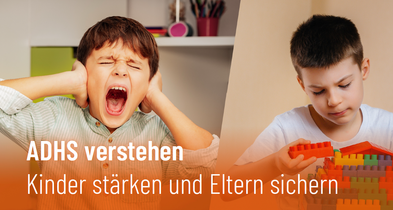 Zwei Kinder zeigen unterschiedliche Facetten von ADHS: Überforderung und konzentriertes Spielen.