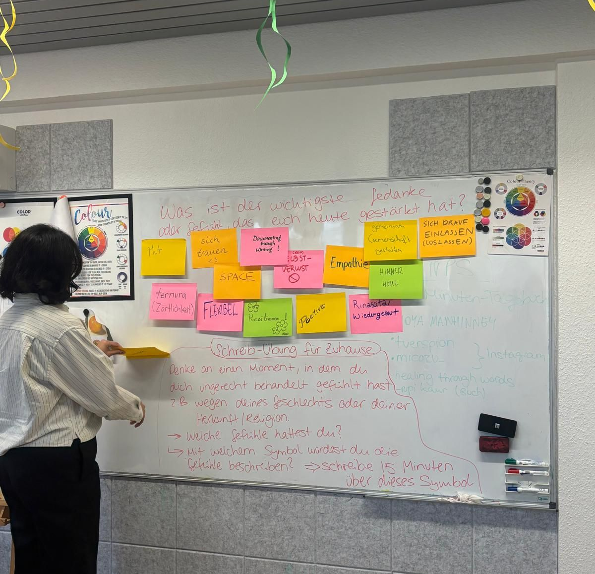 Zu sehen ist ein Whiteoard mit vielen Post-its und Mitschriften drumherum sowie die Referentin.