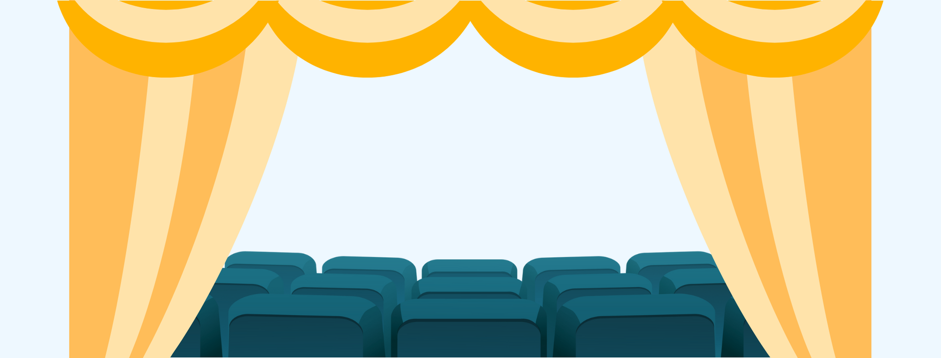 Das Bild zeigt einen gelben Vorhang und blaue Sitzreihen