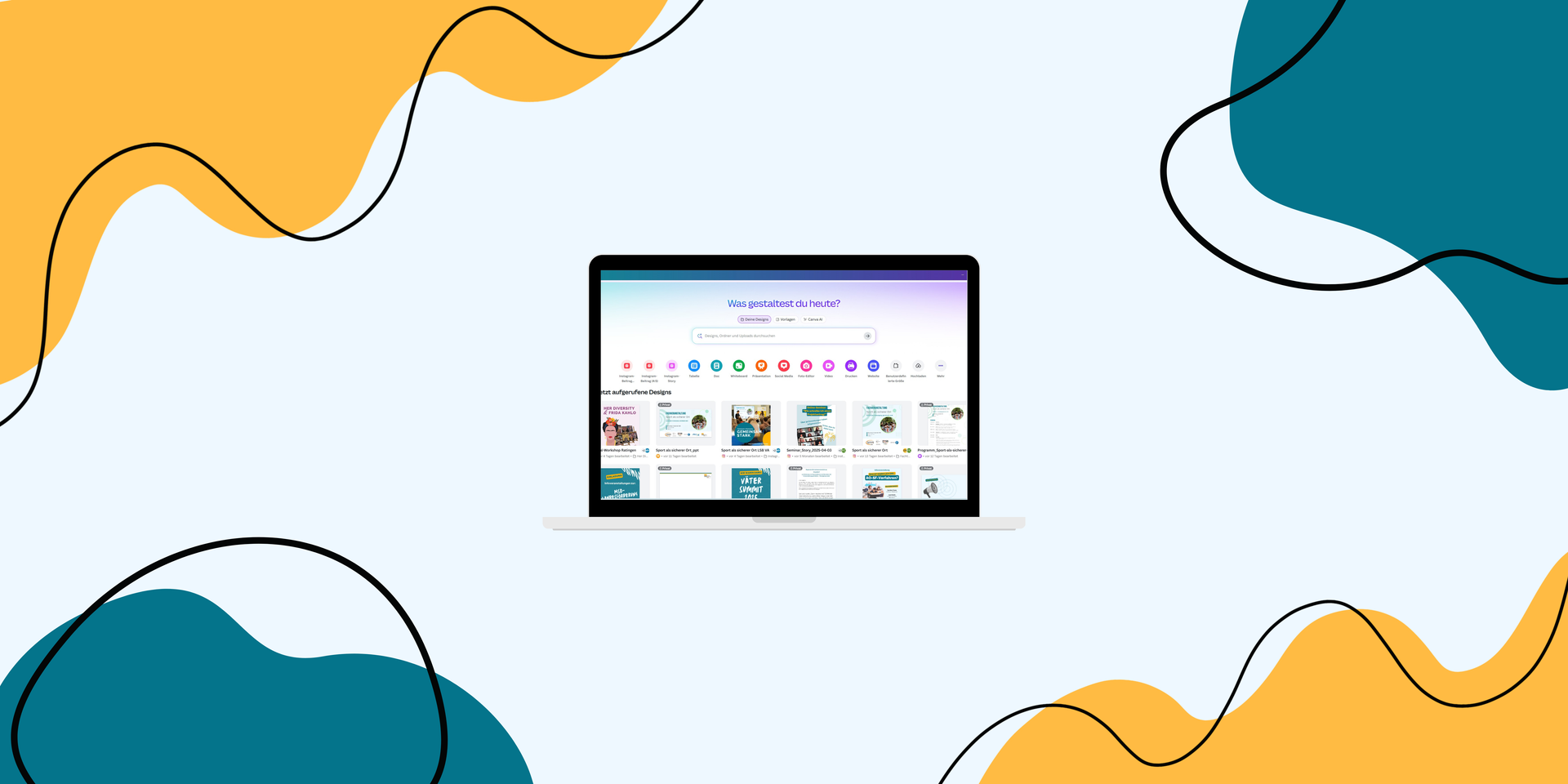 Laptop mit Canva-Startseite im Zentrum, umgeben von farbigen, organischen Formen und Linien.