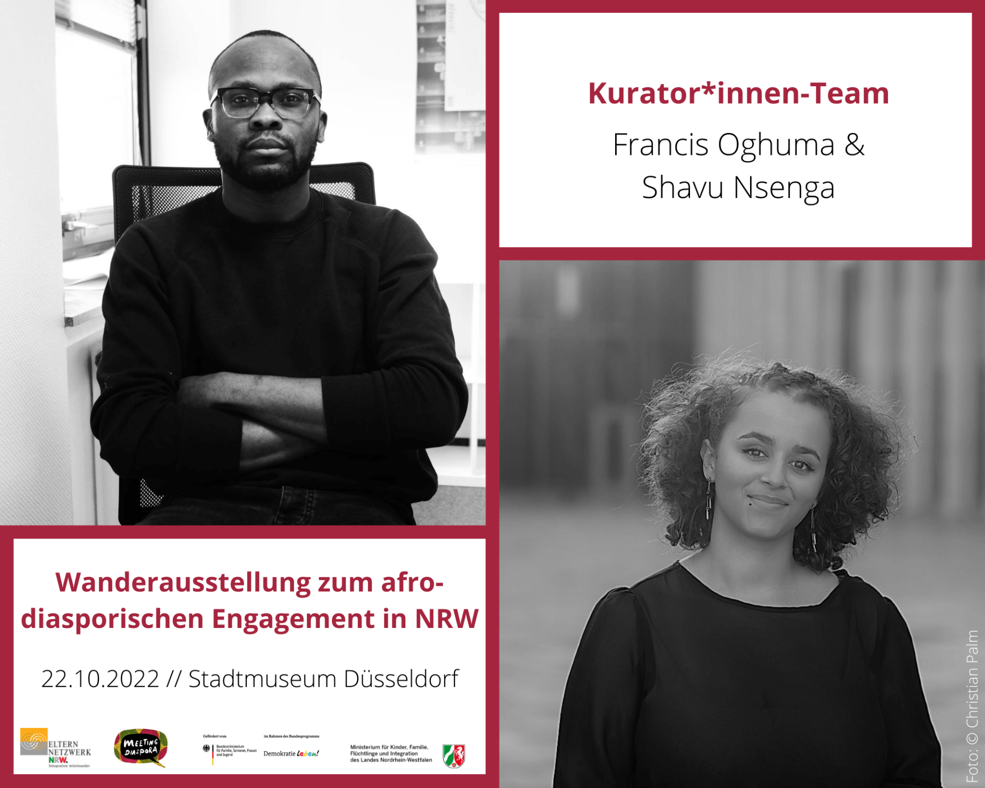 Wanderausstellung zum Afro-Diasporischen Engagement in NRW. Portraits von Kurator Francis Oghuma und Kuratorin Shavu Nsenga.