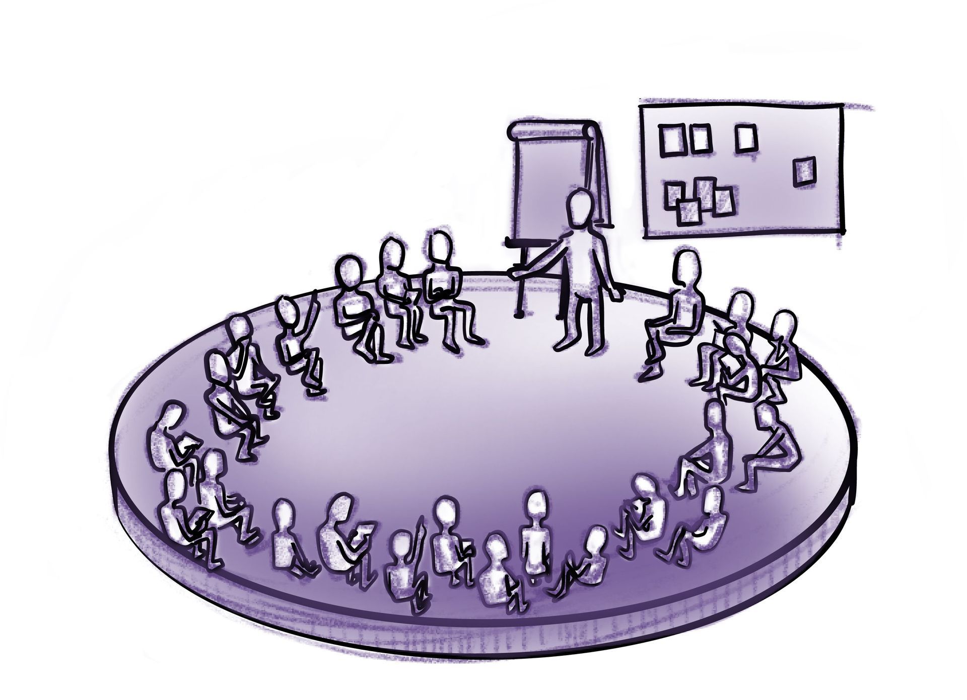 Illustration einer größeren Gruppe von Menschen, die im Kreis sitzen