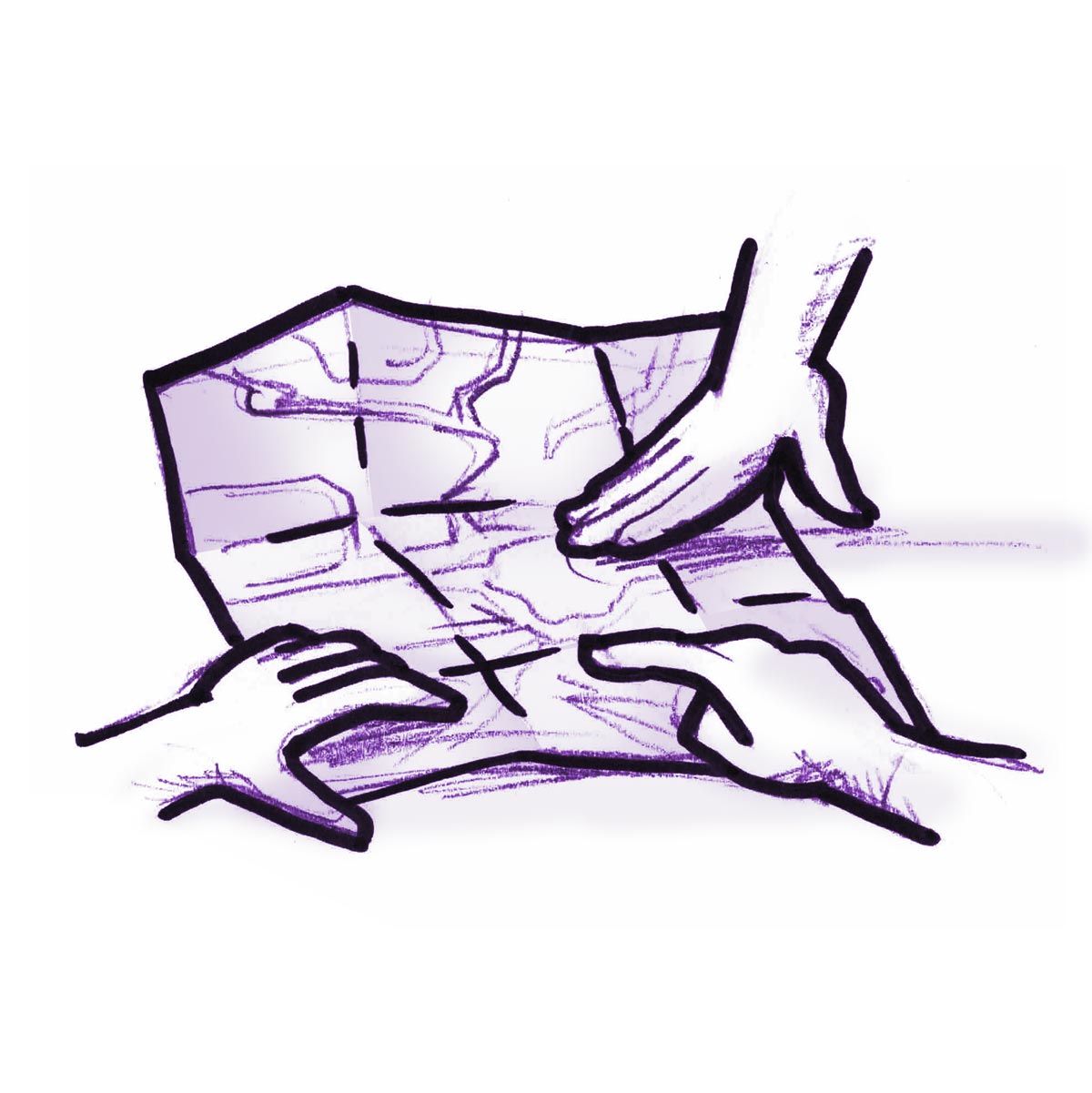 Illustration einer Landkarte oder eines Stadtplans, auf dem drei Hände liegen