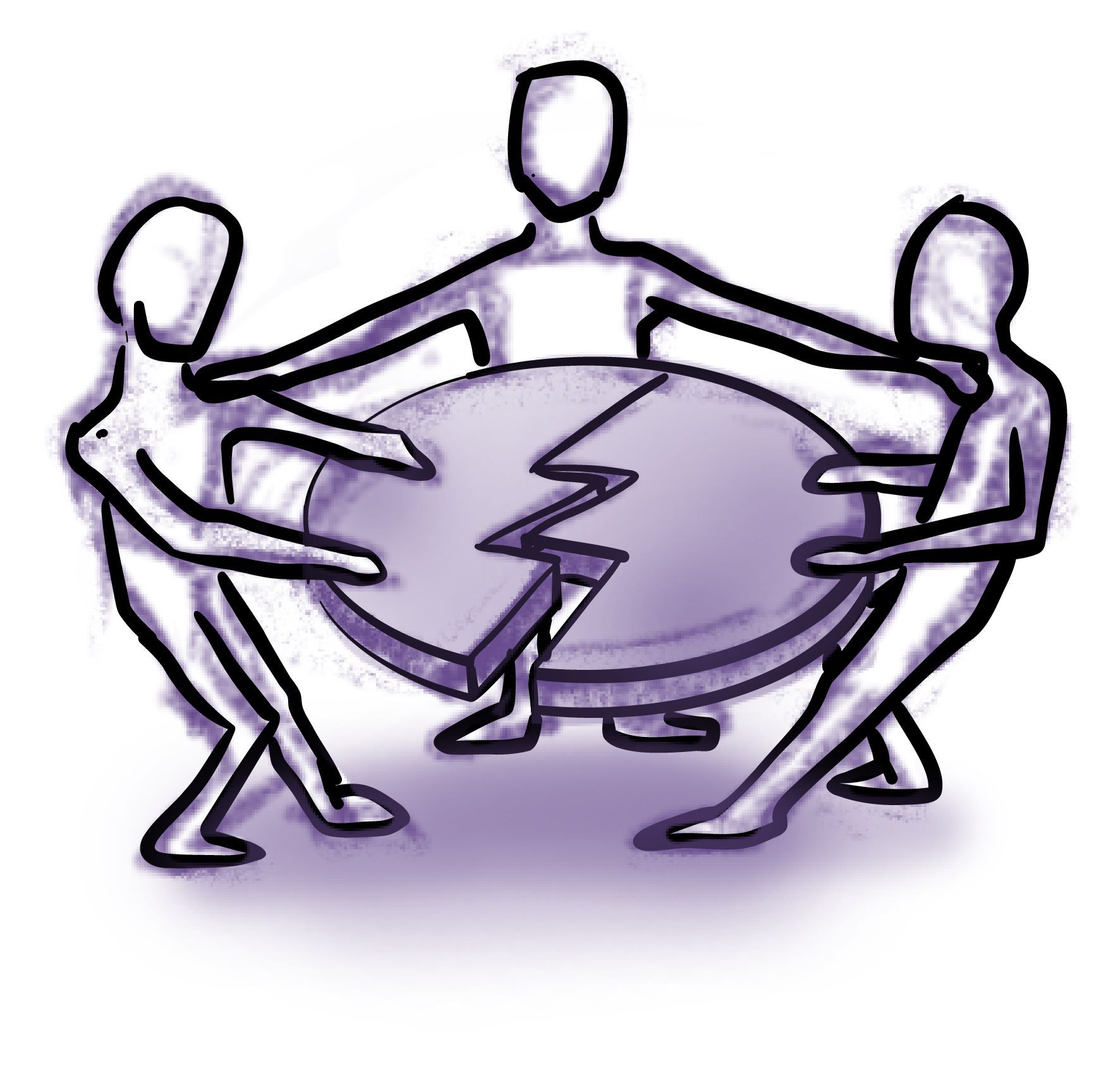 Illustration von zwei Personen, die um eine Tischplatte stehen und diese im Streit zerbrechen. Eine dritte Person versucht zu beruhigen.
