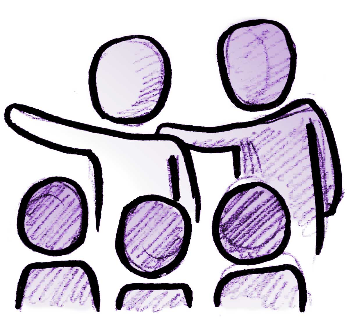 Illustration von fünf Personen, wovon zwei den anderen drei Personen etwas zeigen oder erklären