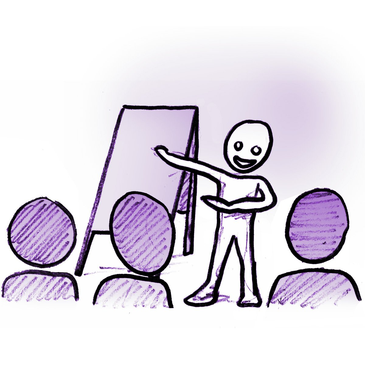 Illustration von einer Person, die vor einem Flipchart steht und anderen Personen etwas zeigt oder erklärt