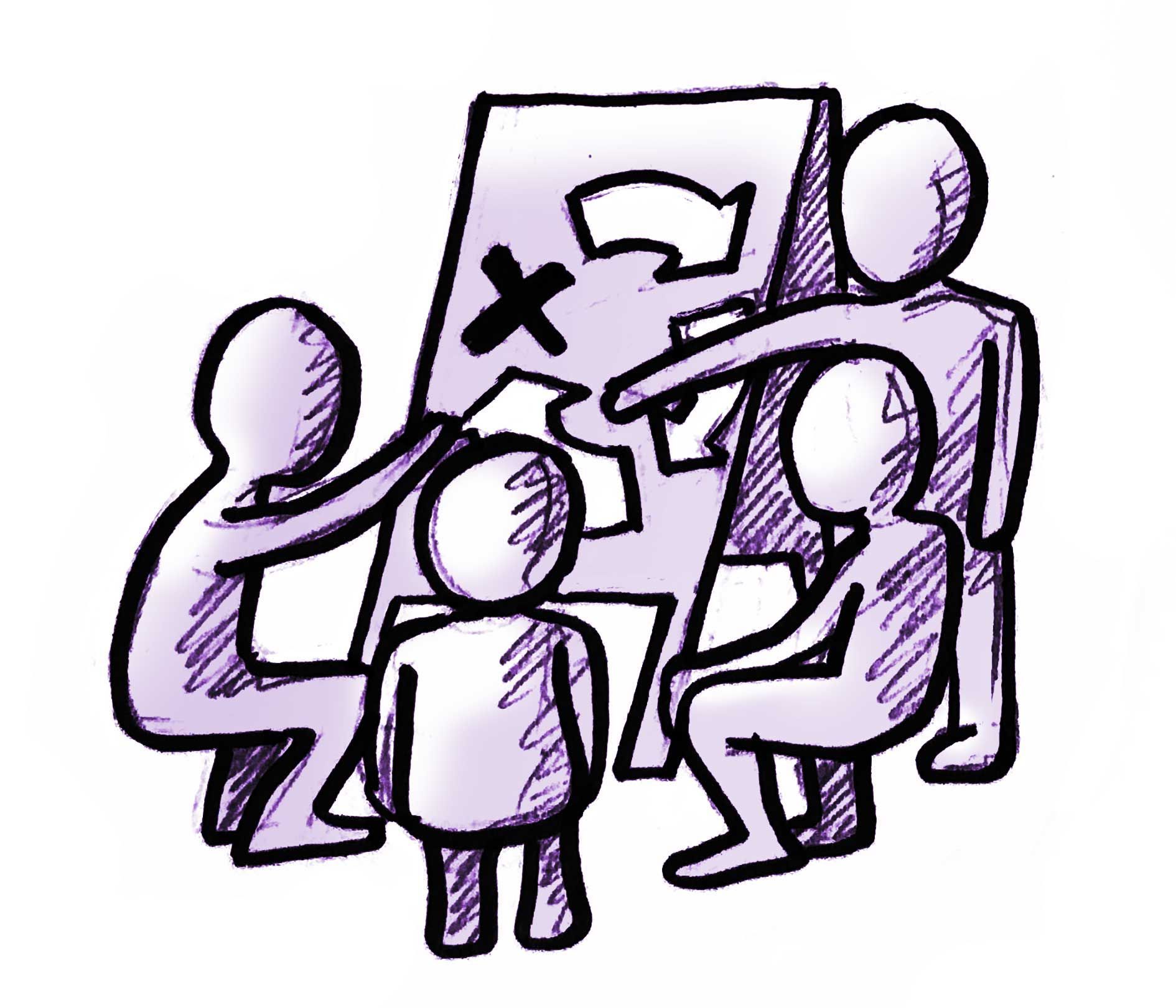 Illustration von vier Personen, die sich gemeinsam etwas auf einem Flipchart ansehen