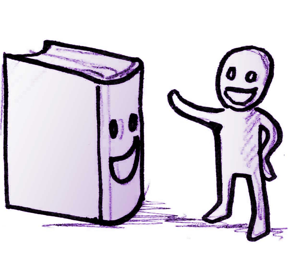 Illustration eines großen, lächelnden Buches und einer Person, die daneben steht und lächelt