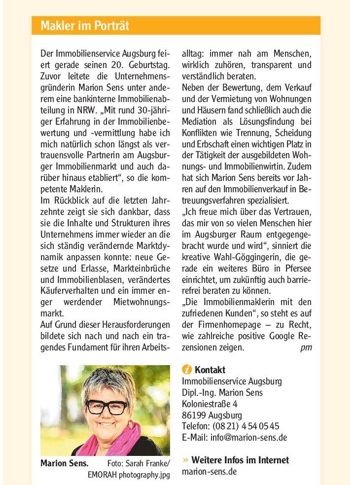 Marion Sens | Immobilienmaklerin und Immo-Mediatorin in Augsburg
Immobilienverkauf, Vermietung, Immobilienbewertung