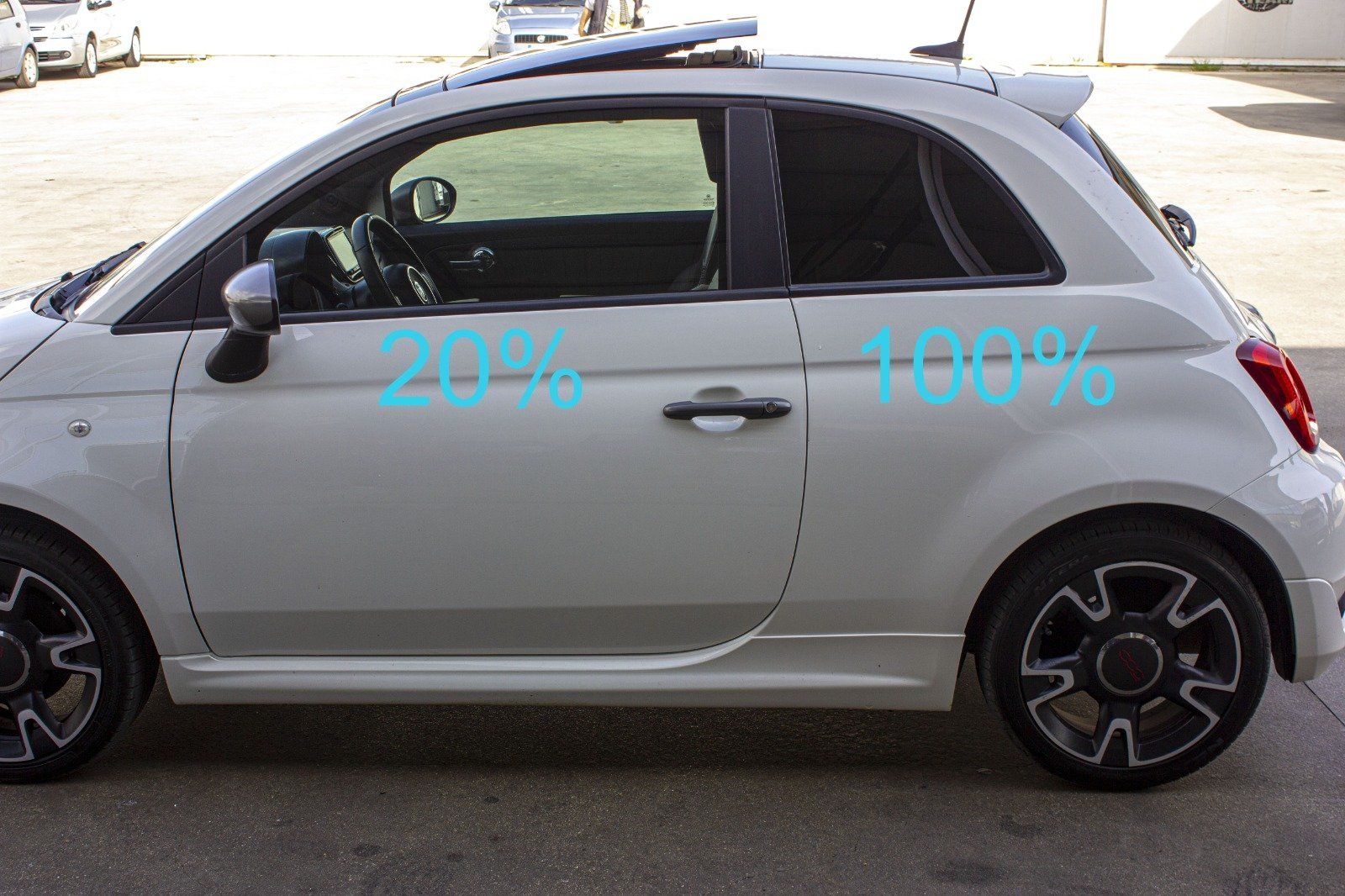 Oscuramento vetri auto pellicole oscuranti tonalità scuro, 15, HP15, FPER15, ASWF, AMERICAN STANDARD WINDOW FILMS, SUNTEK, LLUMAR, 3M, GLOBAL, WINDOW TINT, Fiat 500