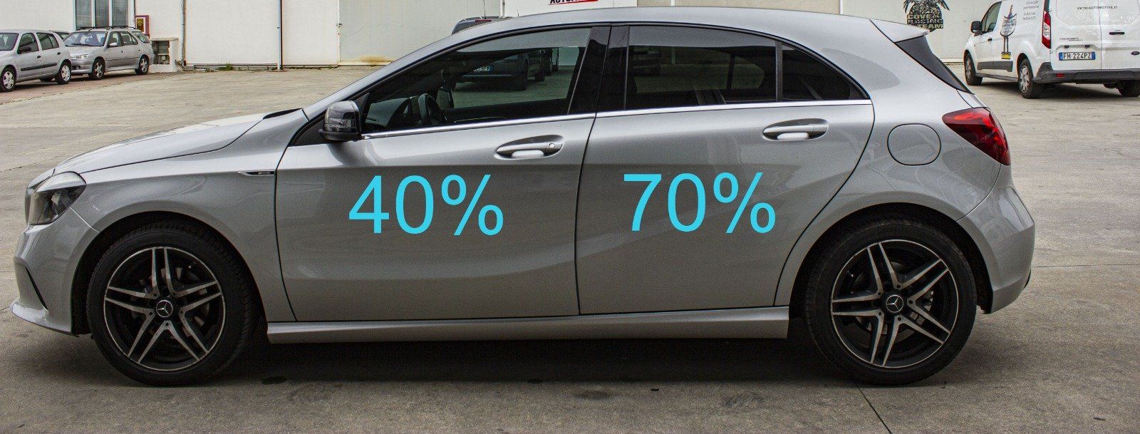 Oscuramento vetri auto pellicole oscuranti tonalità scuro, 15, HP15, FPER15, ASWF, AMERICAN STANDARD WINDOW FILMS, SUNTEK, LLUMAR, 3M, GLOBAL, WINDOW TINT, Mercedes Classe A W176