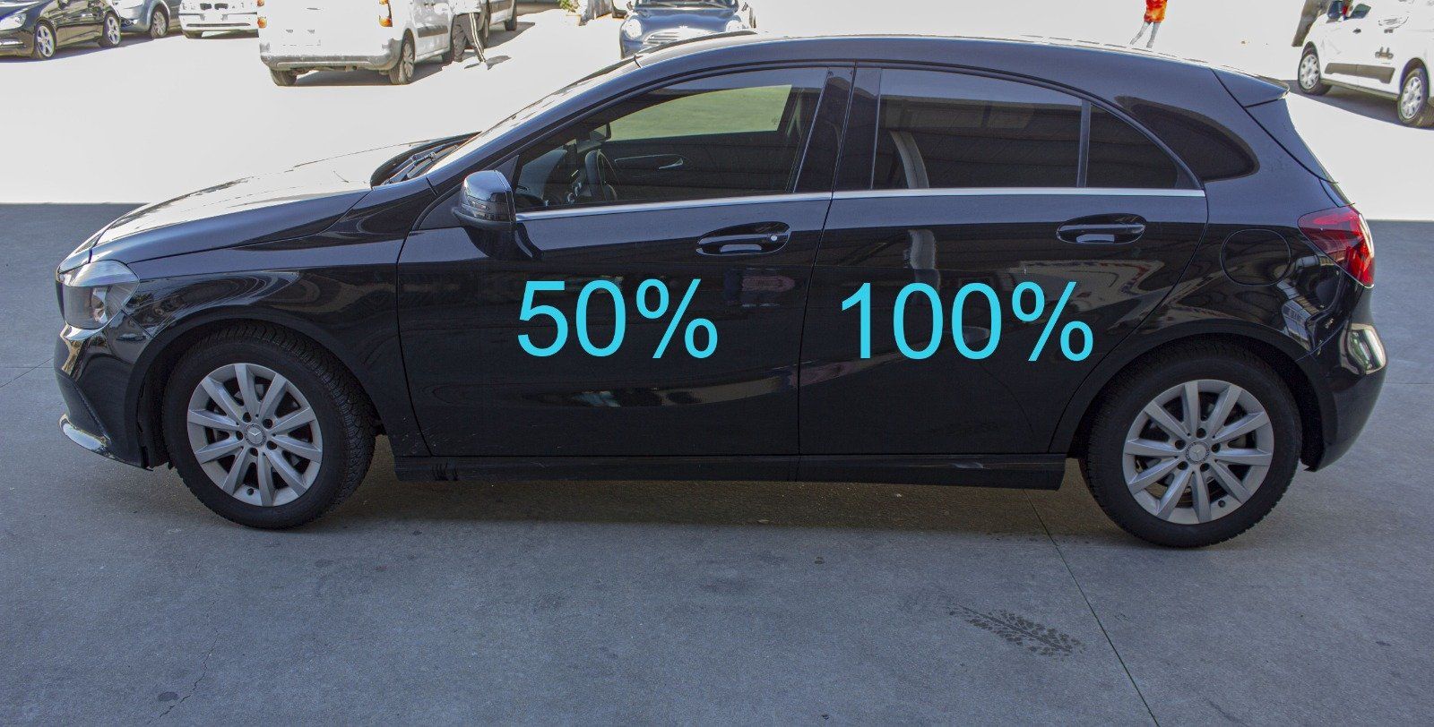 Oscuramento vetri auto pellicole oscuranti tonalità scuro, 15, HP15, FPER15, ASWF, AMERICAN STANDARD WINDOW FILMS, SUNTEK, LLUMAR, 3M, GLOBAL, WINDOW TINT, Mercedes Classe A