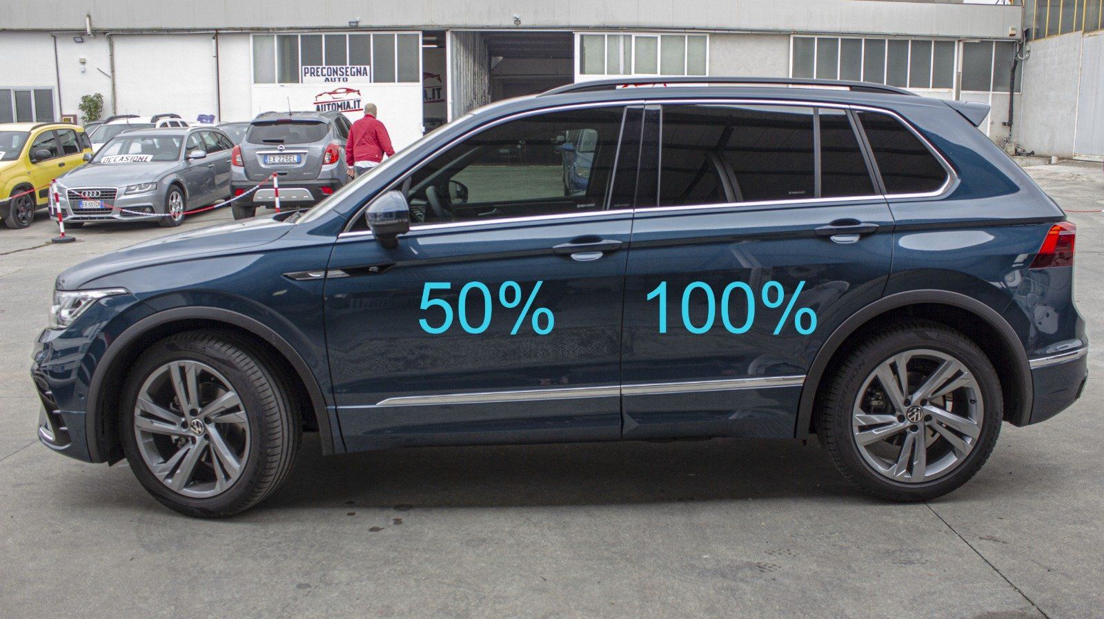 Oscuramento vetri auto pellicole oscuranti tonalità scuro, 15, HP15, FPER15, ASWF, AMERICAN STANDARD WINDOW FILMS, SUNTEK, LLUMAR, 3M, GLOBAL, WINDOW TINT, VW Tiguan